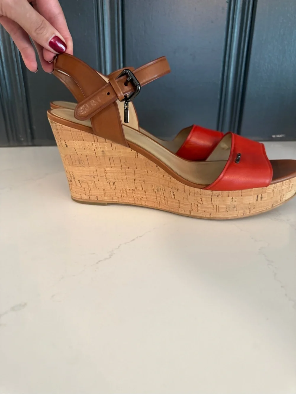 Coach Fran Cork Platform Wedge Sandals Carmine / Saddle Size 11